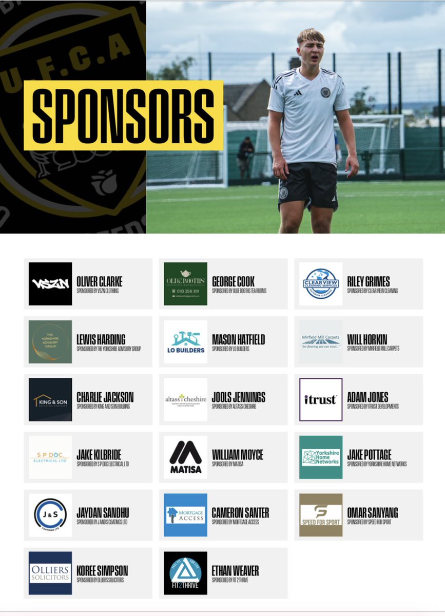 Proud to be sponsoring Adam Jones, Captain of Leeds UCFA.

#PeopleThatMatter

<a href="/AshMindSet/">Ash Lawrence</a> <a href="/vanillaweb/">Paul Andrews</a> <a href="/johno_67/">John Roberts</a> <a href="/GencoCS/">Genco Construction Services</a> <a href="/SCEFLeague/">Presence & Co. SCEFL League</a> <a href="/IsthmianLeague/">The Pitching In Isthmian League</a> <a href="/NonLeagueCrowd/">Non League Crowds</a> <a href="/NonLeaguePaper/">The Non-League Paper</a> <a href="/EFL/">EFL</a> <a href="/KentFA/">Kent FA ⚽</a> <a href="/UEFAcom/">UEFA.com</a> <a href="/FIFAcom/">FIFA</a> <a href="/FA/">The FA</a> <a href="/Kentcricketlge/">Kent Cricket League</a> <a href="/KentCricket/">Kent Cricket</a>