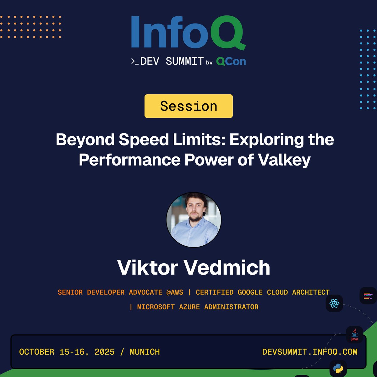 InfoQ's tweet image. Sub-millisecond data access at scale? 
Viktor Vedmich @AWS explores Valkey's architecture, high availability patterns, and Redis migration strategies at InfoQ Dev Summit Munich (Oct 15-16).
#Valkey #Redis #SystemsArchitecture