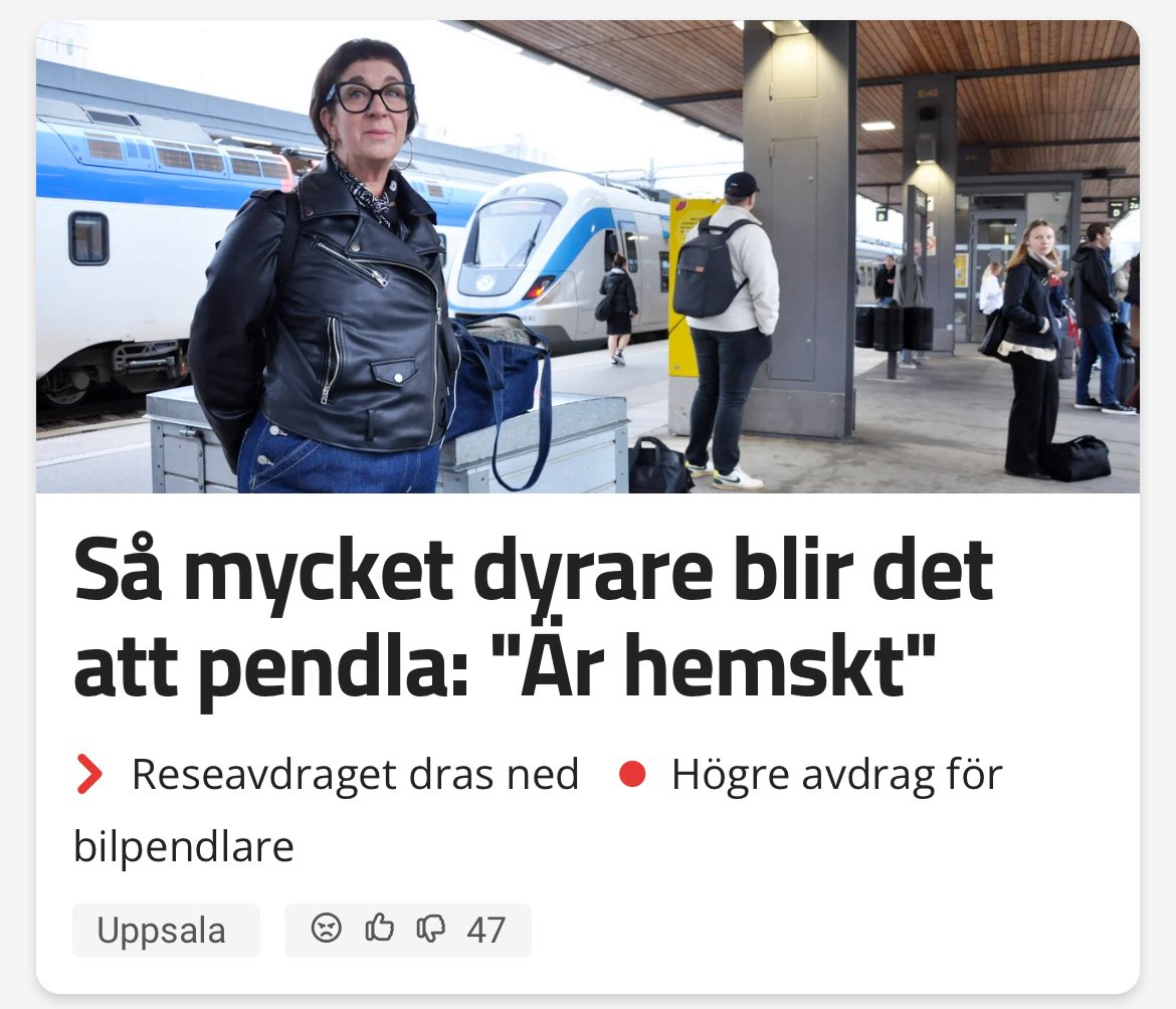 Det är redan dyrt att pendla. Nu vill regeringen göra det ännu dyrare – samtidigt som järnvägskaoset med privatiserat underhåll tillåts fortsätta. SD:s kulturkrig mot grön politik gör livet dyrare för vanligt folk. Vi behöver billigare resor och tåg som går i tid! 🚆✊