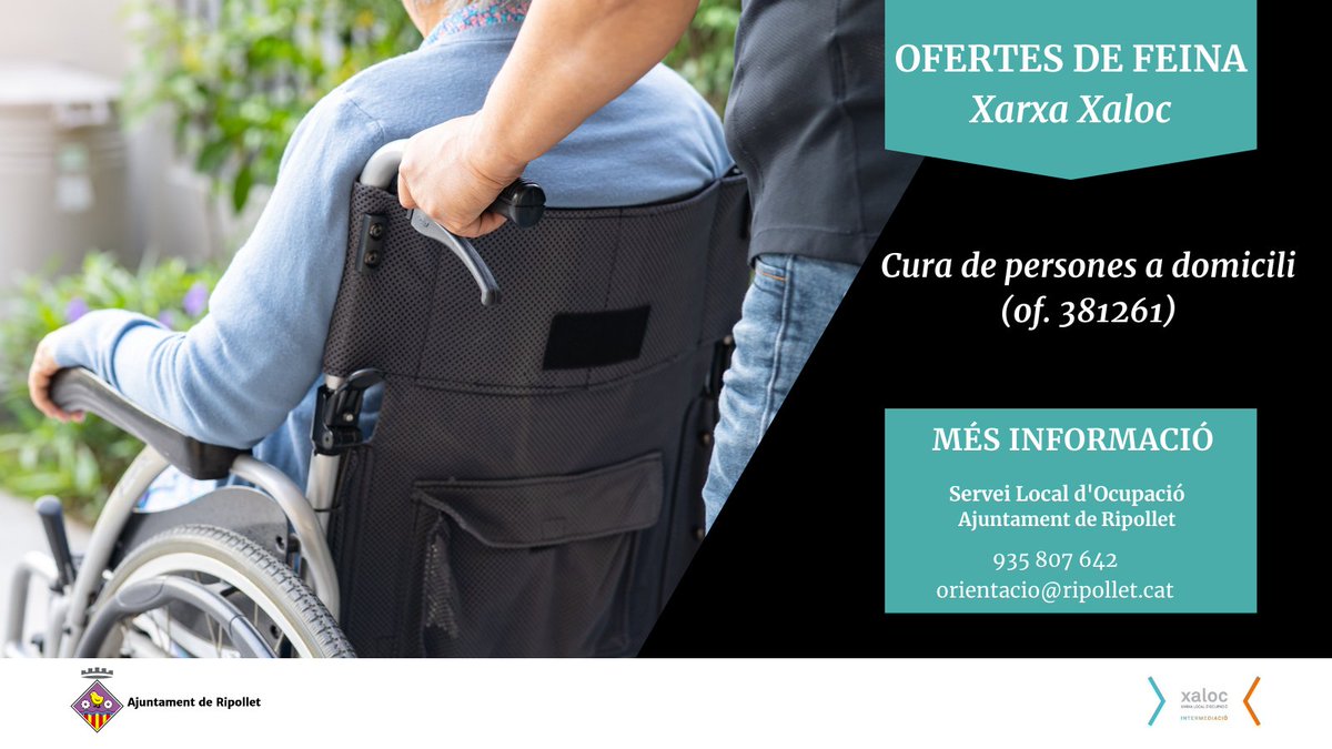 T'agradaria treballar en la cura de persones a domicili?  A la #XarxaXaloc de #Ripollet tenim una oferta de feina!

🔗Coneix els requisits i apunta't a l'oferta través d'aquest enllaç: xaloc.diba.cat/ofertes-de-fei…

Més info:
☎️935 807 642
📩orientacio@ripollet.cat

#economieslocals