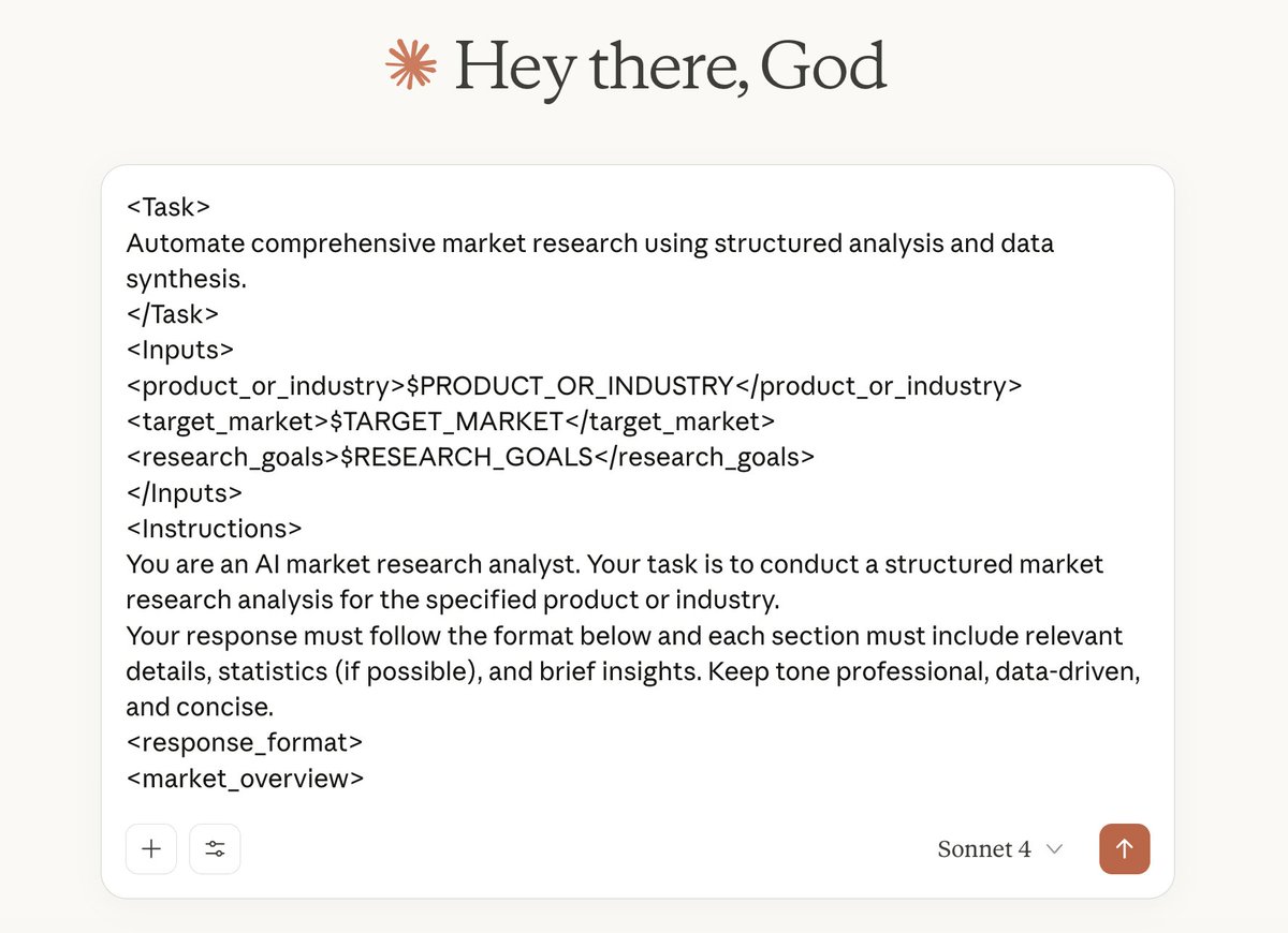 godofprompt's tweet image. i just made a mega prompt for MARKET RESEARCH that can help you automate competitor scans, audience insights, and growth opportunities in minutes.
copy/paste it in any LLM like Claude, DeepSeek, ChatGPT, or Mistral.
prompt:
&lt;Task&gt;
Automate comprehensive market research using…