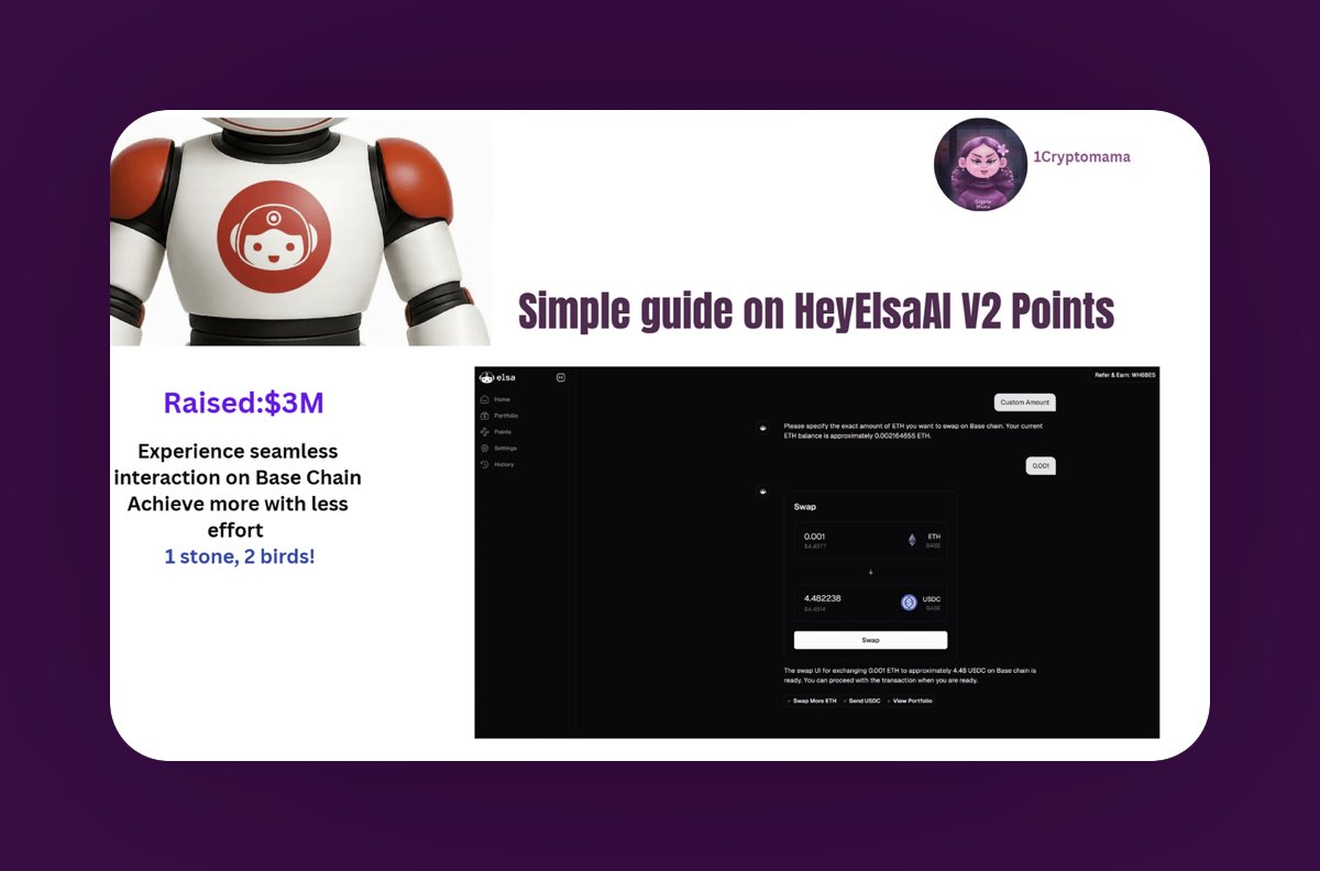 1CryptoMama's tweet photo. 𝐒𝐢𝐦𝐩𝐥𝐞 𝐠𝐮𝐢𝐝𝐞 𝐨𝐧 𝐇𝐞𝐲𝐄𝐥𝐬𝐚𝐀I 𝐕𝟐 𝐏𝐨𝐢𝐧𝐭𝐬 𝐒𝐲𝐬𝐭𝐞𝐦

💰ꜰᴜɴᴅɪɴɢ - ᴡɪᴛʜ ᴀ ʀᴏʙᴜꜱᴛ $3ᴍ ʙᴀᴄᴋɪɴɢ, ʜᴇʏᴇʟꜱᴀᴀɪ ɪꜱ ᴘᴏɪꜱᴇᴅ ꜰᴏʀ ɢʀᴏᴡᴛʜ ᴀɴᴅ ɪɴɴᴏᴠᴀᴛɪᴏɴ.

 Backed by the trailblazing @coinbase and developed on the @base platform, ensuring reliability and cutting-edge technology.

With @HeyElsaAI Experience seamless interaction on Base. users can Achieve more with less effort

𝐒𝐭𝐞𝐩𝐬 𝐭𝐨 𝐠𝐞𝐭 𝐬𝐭𝐚𝐫𝐭𝐞𝐝 👇🏼

🔗Visit: https://t.co/qUP8y5MPUO
Sign up And Navigate to points

After that Start Quest,
If you have a spare fund you can Mint your very own Elsian NFT for just $8 and earn 2500 Points

Execute your first swap effortlessly, Engage with AI chat on the home page

To swap, Prompt the AI with commands like “SWAP” "swap $11 on eth to usdc on Base" or customize your swap needs

Let the AI guide you to the swap screen, Hit swap and watch the magic happen

Enjoy competitive fees and minimal slippage, on par with top DEXs

Don't forget to follow @HeyElsaAI for updates and insights

Join the vibrant community on Discord, Complete your starter quests and unlock new opportunities

𝘾𝙤𝙢𝙥𝙡𝙚𝙩𝙚 𝘿𝙖𝙞𝙡𝙮 𝙦𝙪𝙚𝙨𝙩
Stay active with daily swap & bridge quests for ongoing rewards

𝙒𝙚𝙚𝙠𝙡𝙮 𝙦𝙪𝙚𝙨𝙩
Challenge yourself with weekly swap & bridge quests for bigger achievements

𝑴𝒊𝒔𝒔𝒊𝒐𝒏 𝒂𝒄𝒄𝒐𝒎𝒑𝒍𝒊𝒔𝒉𝒆𝒅!

Discover additional rewards with @wallchain_xyz Because Elsa reserved 0.25% supply allocated to Quakers

🔗Join the community at https://t.co/Yo2BhRT6WA
Sign up, start posting, and become part of the conversation

while you Quack about @trylimitless alao quack HeyElsaAI

💜Show your support
🔁Engage with this post through likes and retweets!