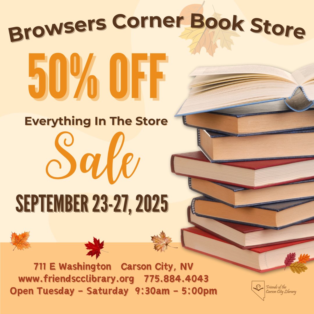 friendsofcclib's tweet photo. It’s our third 50% off sale of 2025! Shop early and shop often. #browserscornerbookstore #friendsofthecarsoncitylibrary #carsoncity #booksale #halfoff #50%off #bookstagram #booktok #thrifting https://t.co/SPkGD3Pr4S