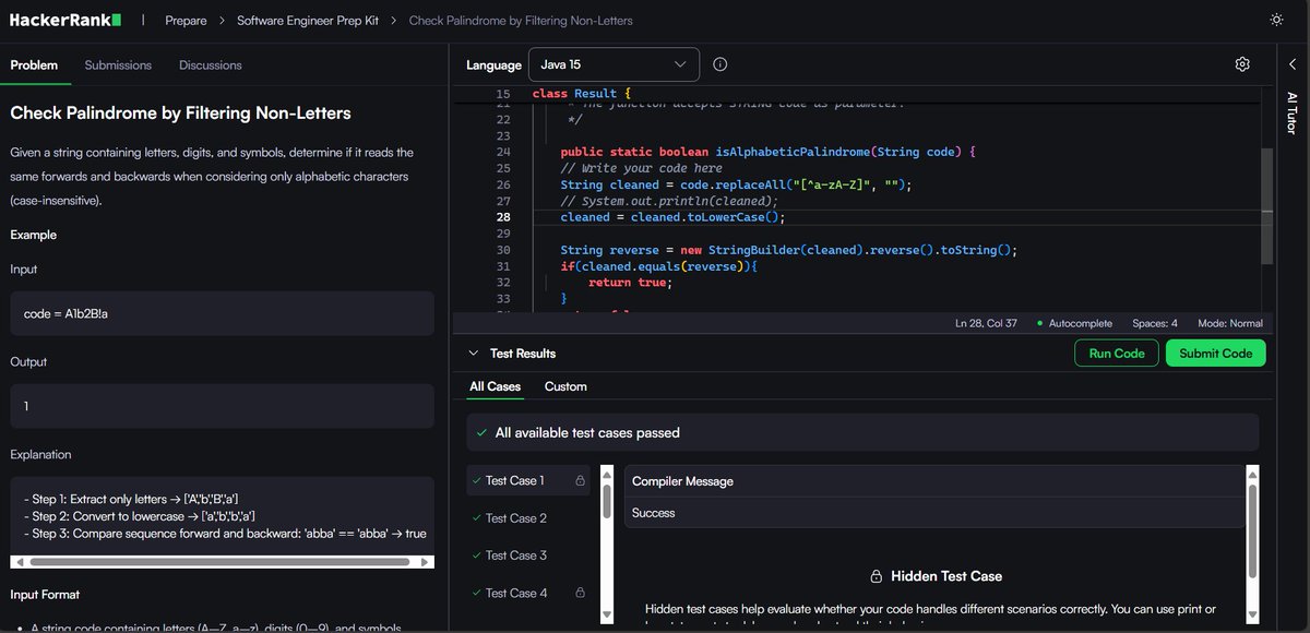 cha84587's tweet image. Day 2 of solving the Software Engineering Kit on HackerRank!

1.Find the smallest missing Positive Integer
2.Check Palindrome by Filtering Non-Letters
3.Check for Non Identical String Rotation
4.Lookup Binary Search
5.First Occurence in Event

#HackerRank #100DaysOfCode #Coding