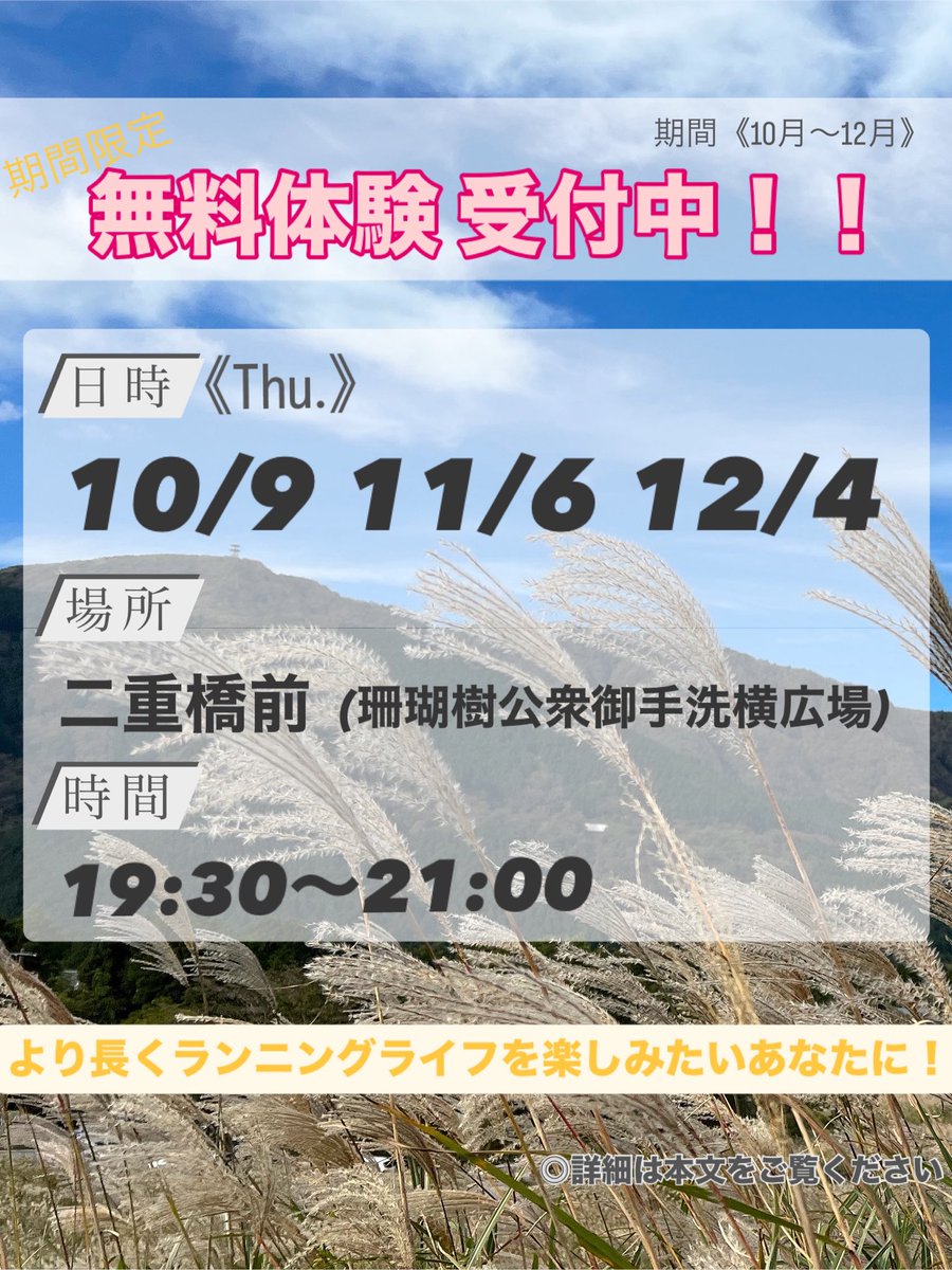 【Evorise無料体験キャンペーン☀️】
10月〜12月の期間限定で毎月木曜日1回目の練習会を無料で体験できます🏃‍♀️🏃‍♂️

練習内容は動き作りや基礎がメインなので、どんな競技の方でも対象です！
気になる方はお気軽にご参加ください🌱

詳細はインスタグラムにてご覧下さい！