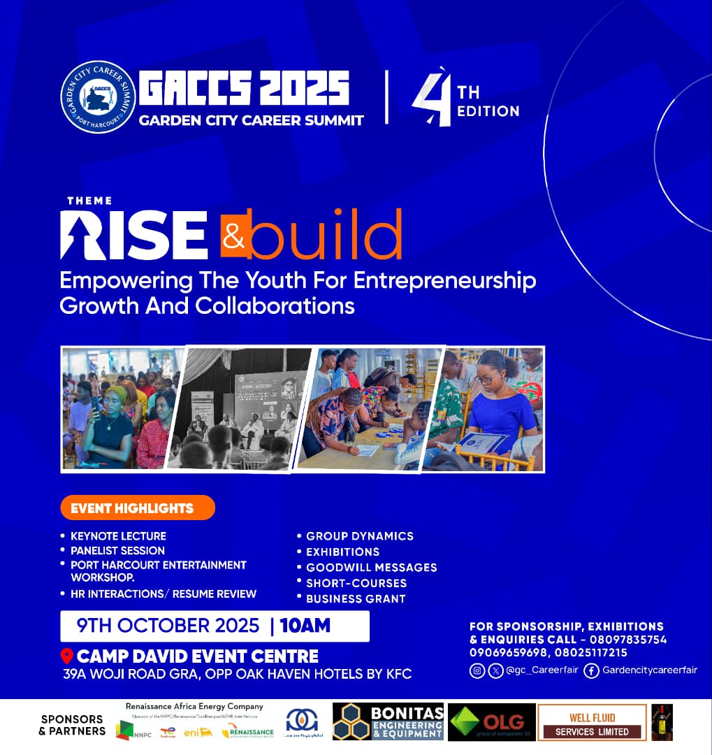 Nwonodi2nv's tweet photo. *GARDEN CITY CAREER SUMMIT 2025 - 4th Edition*
*Calling All Young Professionals &amp; Aspiring Entrepreneurs!*
Ready to RISE and build ur dream career? Join the most anticipated career development event of the year!
Anticipate and register with the below link.
https://t.co/8NGPvCn63R https://t.co/k41PJ8rVQx