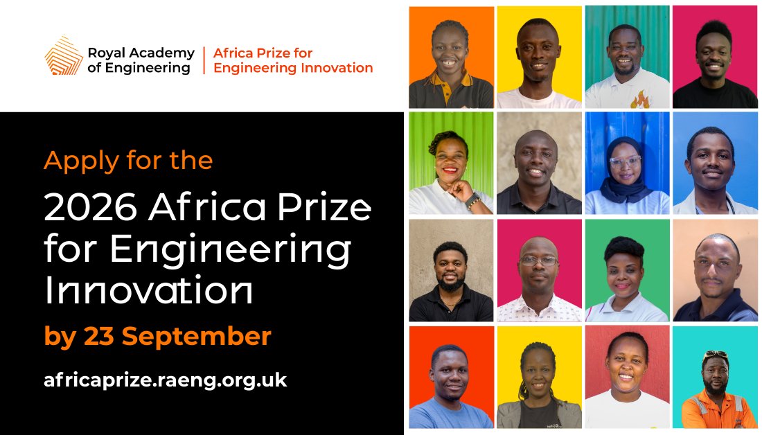 Apply for Africa Prize for Engineering Innovation 2026! 

African entrepreneurs developing scalable engineering solutions are invited to apply for tailored business support and up to £50,000 in funding. 

Don’t miss out: 
africaprize.raeng.org.uk #AfricaPrize <a href="/RAEngGlobal/">RAEngGlobal</a>