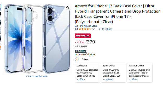 TechyBoostDeals's tweet image. iPhone 17 Back Case Cover @ ₹279

Buy link : amzn.to/3VYCl5p

#AmazonIndia #iPhone #MobileAccessory