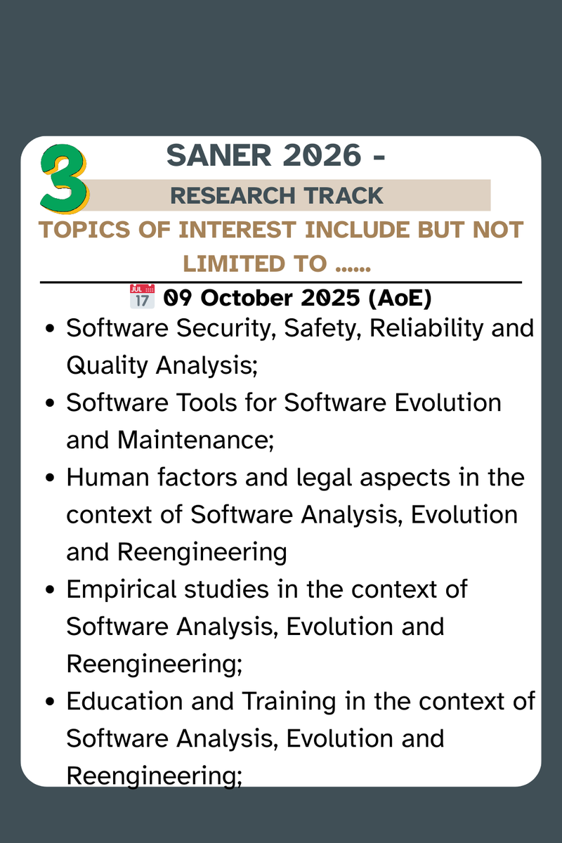 Call for Contributions - Research Track!
We invite submissions in all areas of Software Analysis, Evolution, and Reengineering.
See the pictures below to find where your work fits.