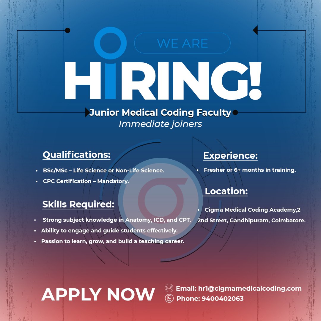 cigmahealthcare's tweet image. We’re Hiring – Junior Medical Coding Faculty!
Are you passionate about teaching and shaping the next generation of medical coders?
Apply now: hr1@cigmamedicalcoding.com or Call: 9400402063
#CigmaMedicalCoding #MedicalCodingFaculty #MedicalCodingJobs #TeachingCareer