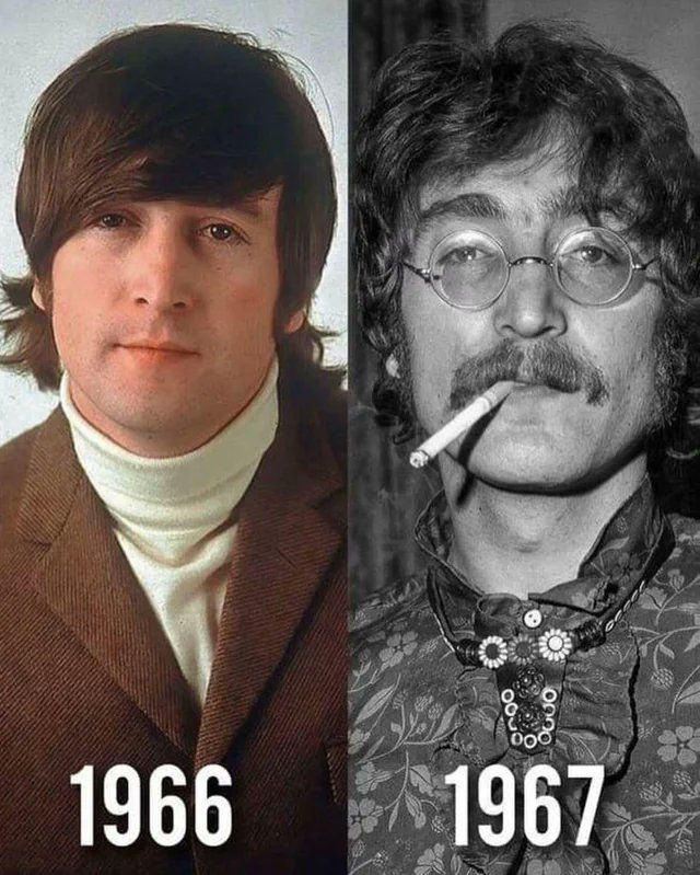 John Lennon photographed 1 year apart.(1966 and 1967).