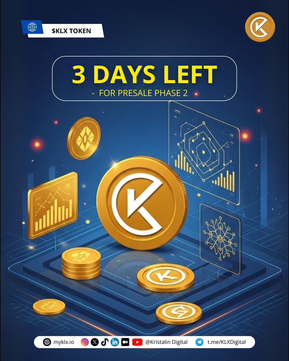 KLX_digital2025's tweet photo. ⏳ Only 3 Days Left to Join $KLX Presale Phase 2! ⏳

The clock is ticking and the 2nd $KLX Token Presale is almost over! 🔥

This is your chance to secure gold-backed digital equity at an exclusive price of $0.65 per KLX before the next price increase.

💡 Why $KLX Token?
✅ Backed by a real gold mining company in Papua, Indonesia
✅ Transparent blockchain governance & on-chain dividend rights
✅ Early entry before global listings & market exposure

💰 Minimum Buy: 10 KLX ($6.5)
⏳ Time Left: 3 Days
📈 Potential: Same opportunity as owning a mining company, now on blockchain

Act now to lock in your position before the door closes! 🚀

#KLXToken #Presale #Crypto #Investment #Gold #Mining #Tokenization #Blockchain #DigitalAssets #Opportunity #Indonesia #CryptoPresale