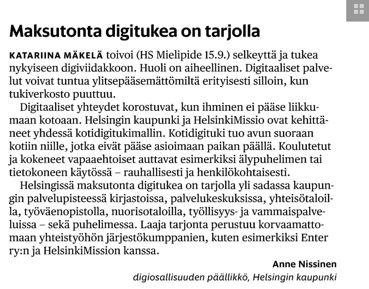 MattiPihkala's tweet photo. HS 21.9.2025
Kyllä vaan, mm. @entersenior tarjoaa opastusta yli 20 paikkakunnalla Uudellamaalla lähes sadassa eri pisteessä https://t.co/tUz9DrDjBw

#digituki 
#ikäihmiset 
#enteropastaa https://t.co/wm6uUw4TXV