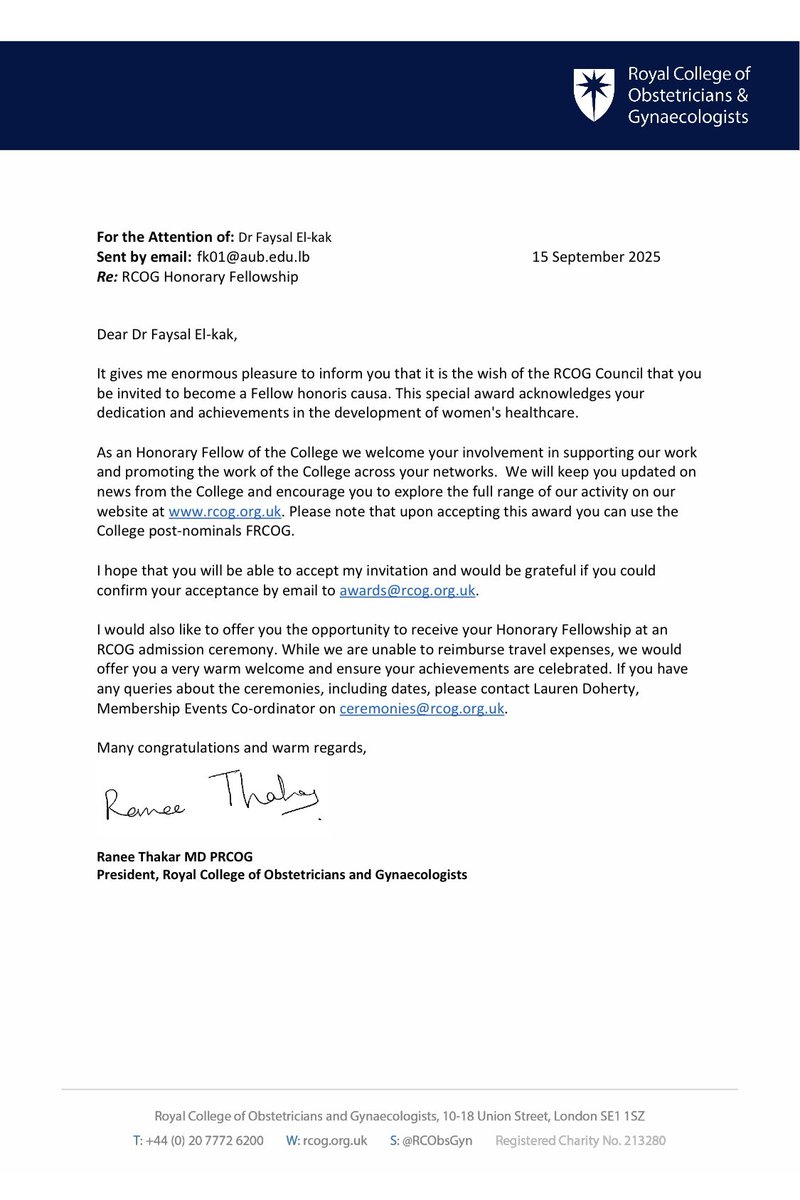 Proud to be awarded #HonorisCausa from the <a href="/RCObsGyn/">RoyalCollegeObsGyn</a> for lifetime work to advance #womenshealth #womenshealthcare locally and globally <a href="/DrFadloKhuri/">Dr. Fadlo Khuri</a> <a href="/wish_aubmc/">WISH Program AUBMC</a> <a href="/FHS_AUB/">Faculty of Health Sciences at AUB</a> <a href="/AUBMC_Official/">American University of Beirut Medical Center</a> <a href="/POAUB/">AUB Office of the President</a> <a href="/AUB_Lebanon/">American University of Beirut</a>