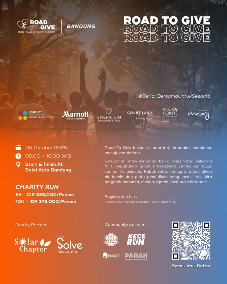 👟Road to Give Bandung
🗓️Minggu, 5 Oktober 2025
🏃‍♂️5K dan 10K
🏠Balai Kota Bandung, Jl. Wastukencana No.2, Kota Bandung, Jawa Barat  

#JadwalLari #KalenderLari #InfoLari #EventLariBandung #RoadToGiveBandung