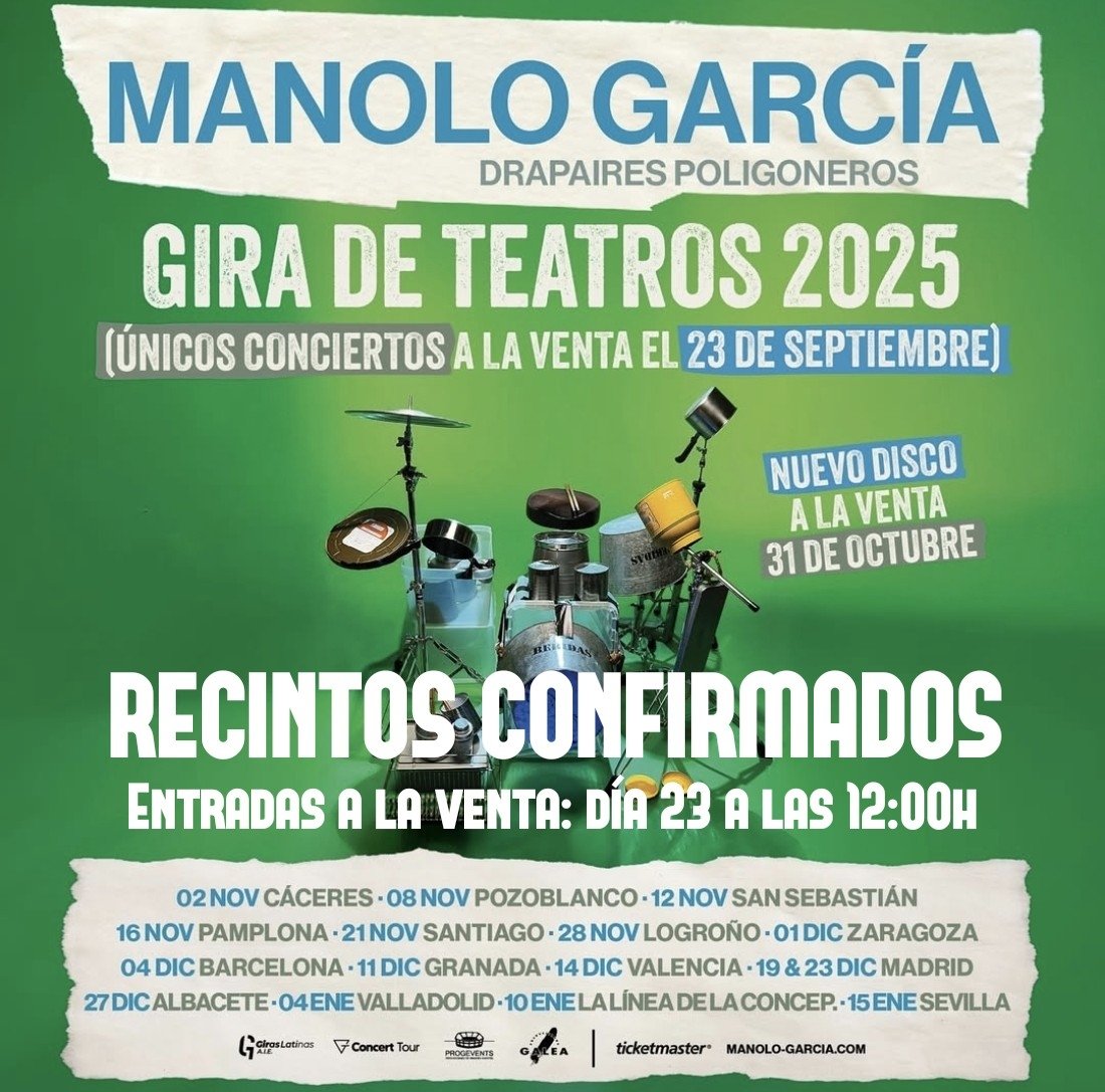 RECINTOS CONFIRMADOS DE LA GIRA 2025 DE MANOLO GARCÍA.

instagram.com/p/DO5QzPyDOB-/…

#ManoloGarcía #DrapairesPoligoneros #Gira2025