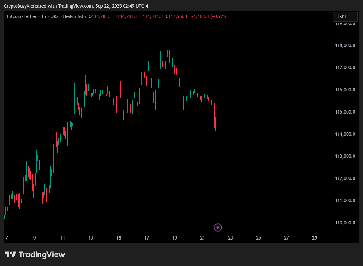 BITCOIN FLASH CRASH due to whale selling pressure! Wiping out over $5,500  from its Sunday high. Wait for a reversal before entering.