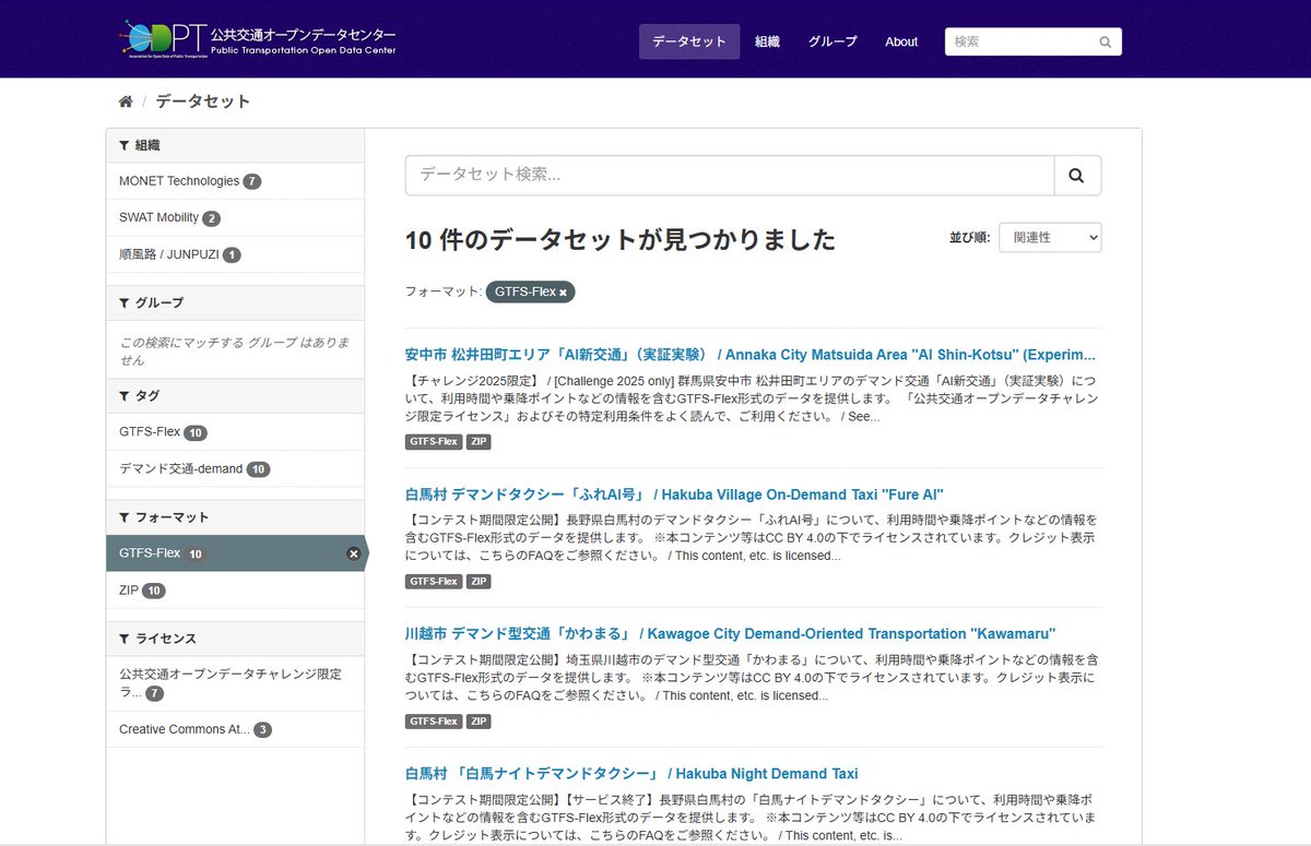 COMmmmONS_MLIT's tweet image. 国土交通省とODPTが共催する、
「公共交通オープンデータチャレンジ2025 powered by #Project LINKS」では、
デマンド交通の国際標準データ「GTFS-Flex」を日本で初めてオープンデータ化しました!
以下からDL可能です。是非ご活用ください!
ckan.odpt.org/dataset/?res_f…
#COMmmmONS #GTFS