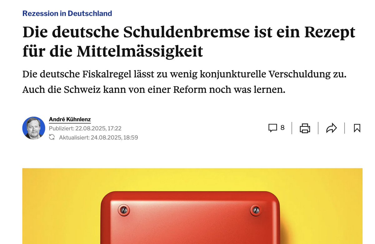 KeineWunder's tweet image. Warum die unrealistische Konjunkturkomponente in der Schuldenbremse nur Mittelmass für Deutschland produziert, über das sich der sich selbst quälende und bremsende Standort jahrelang aufregt... (Ohne Abo): fuw.ch/die-deutsche-s…