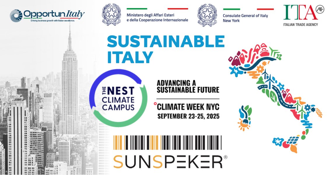 🌍 From Sept 23-25, join us with our friends from <a href="/42NAdvisors/">42N Advisors</a> at #NYClimateTechWeek! We'll be at <a href="/javitscenter/">Javits Center</a> North in the Activations area, #Booth61 in the #ItalyCorner. 🇮🇹
thenestclimatecampus.com/2025-climate-c…
Let's talk climate tech &amp; innovation! 🔋
📅 Book a meeting: hello@sunspeker.com
