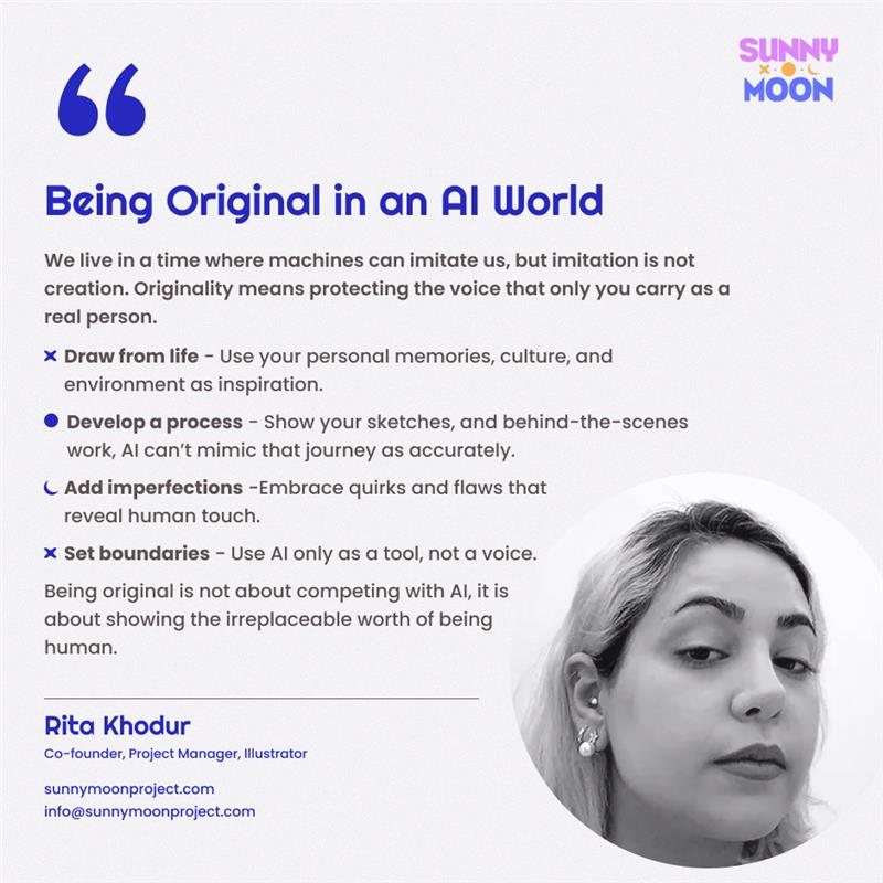 AI can imitate, but originality is human. ✨
Rita Khodur (<a href="/the_moon_pearl/">Storm✨</a>) on why creativity starts with us.
sunnymoonproject.com
#AI #Originality #sunnymoon