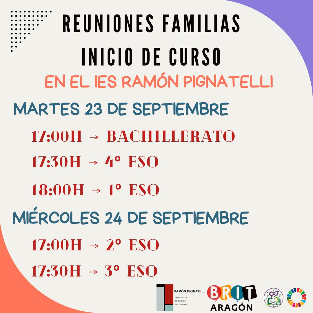 🗣 Reuniones para las familias de Inicio de Curso.

➡️ Martes 23 y miércoles 24 de septiembre.

#IESPignatelli