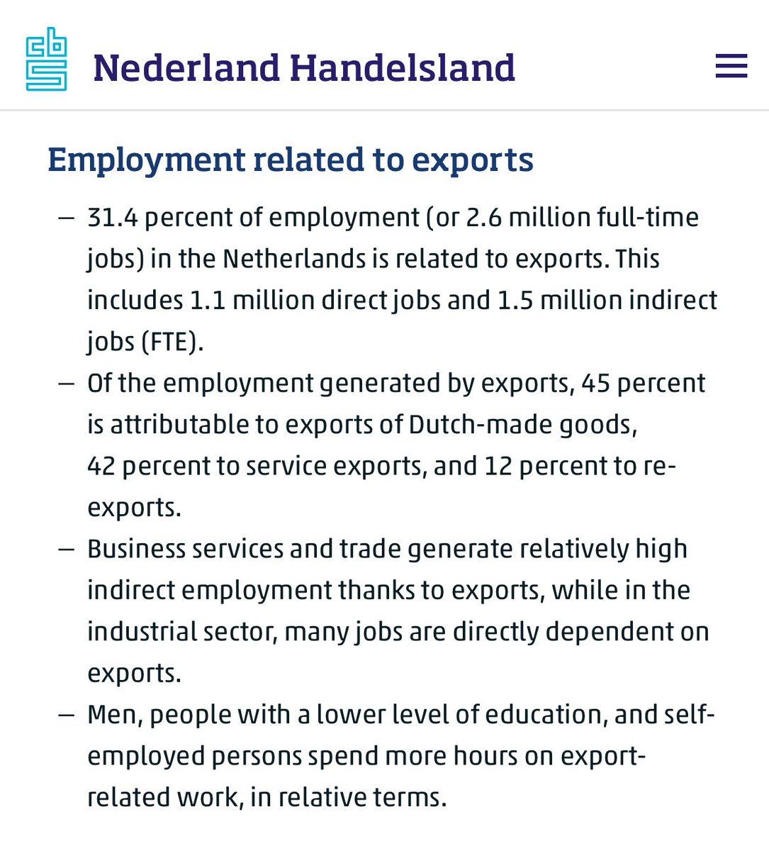 franskoster070's tweet image. #Handelsverdragen: de hoop blijft dat het overgrote groot deel van de fracties in de Tweede Kamer dit plaatje scherp heeft. 2,6 miljoen full-time banen in Nederland gelinkt aan export. Het #CBS herbevestigt deze data maar weer eens in Nederland Handelsland 2024.