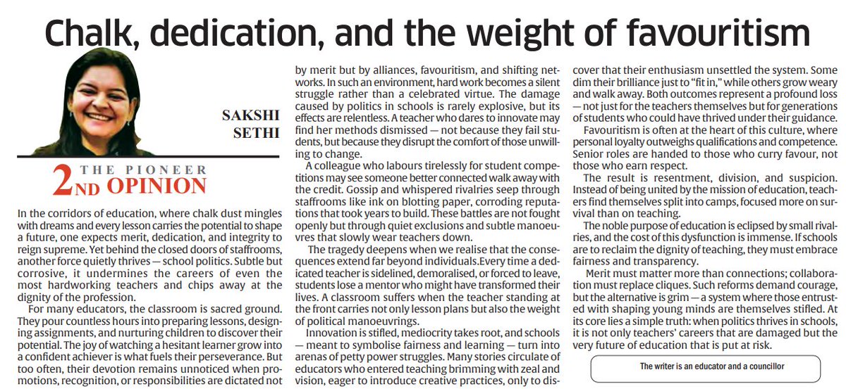 In the corridors of education, where chalk dust mingles with dreams and every lesson carries the potential to shape a future, one expects merit, dedication, and integrity to reign supreme...

Read More 👇
dailypioneer.com/2025/columnist…

Writes: Sakshi Sethi