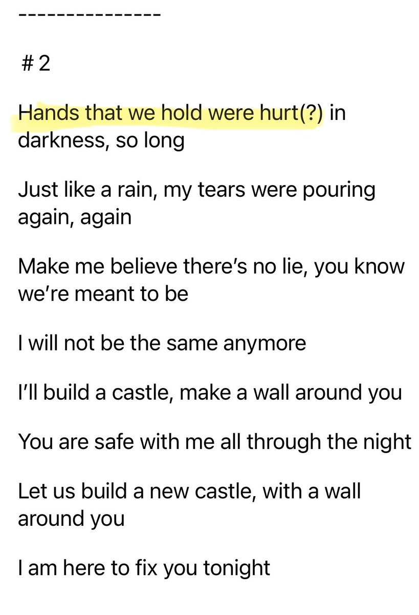 naminosuke00's tweet photo. 「愛の、がっこう。」のテーマ曲My Castleが好きすぎて、青木カレンさんの呟きを参考に歌詞を書き起こしてみたけど、1番も2番も冒頭が何度聴いても分からない。ハイライト部分が音で推測した言葉だけど特に2番は納得してない🥲 他も間違いあるはず。公式の歌詞知りたい&答え合わせしたい
#愛のがっこう https://t.co/cMxaU4ceBV