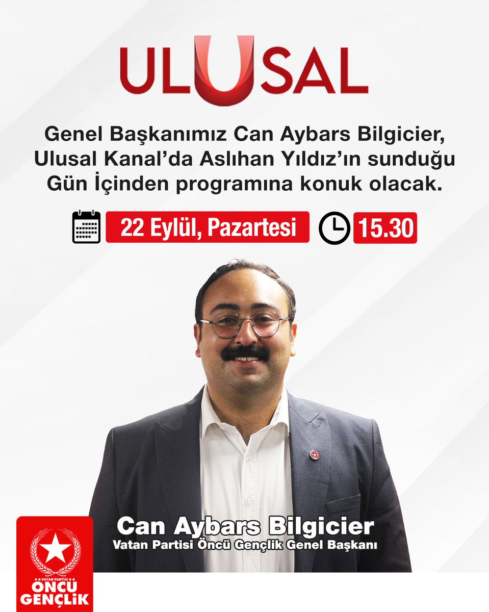 📌 Genel Başkanımız Can Aybars Bilgicier, Ulusal Kanal'da Aslıhan Yıldız'ın sunduğu Gün İçinden programına konuk olacak.

📅 22 Eylül Pazartesi
🕞 15.30
🔗 <a href="/ulusalkanal/">Ulusal Kanal</a>