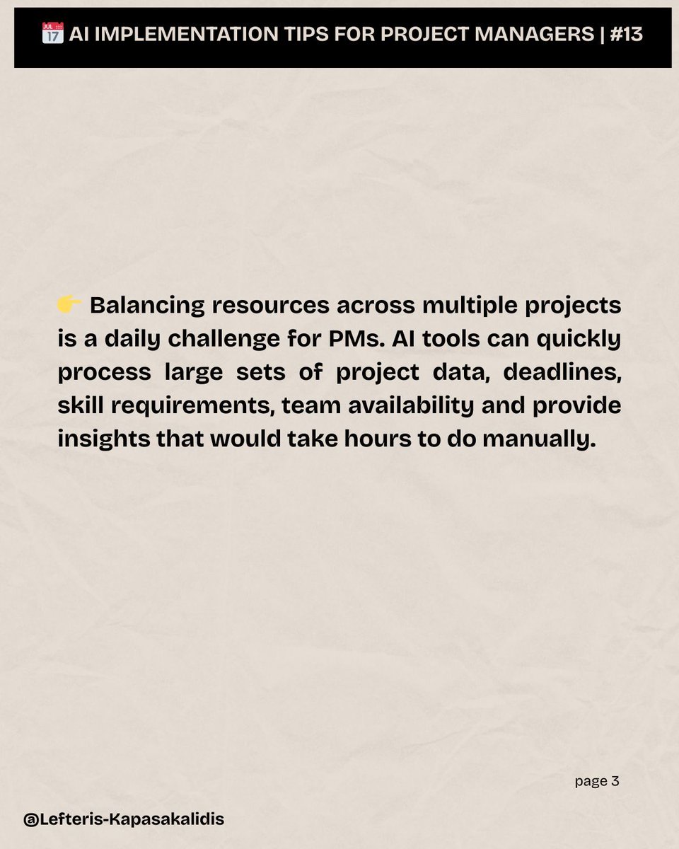 ekap0's tweet photo. โ
Use AI for smarter resource planning
Keeping workloads balanced is one of the toughest parts of project management. AI can help by analyzing your teamโs tasks, deadlines, and availability, then suggesting fairer distributions.
#ProjectManagement #AIForPMs #ResourcePlanning https://t.co/vKpOjGJXnN