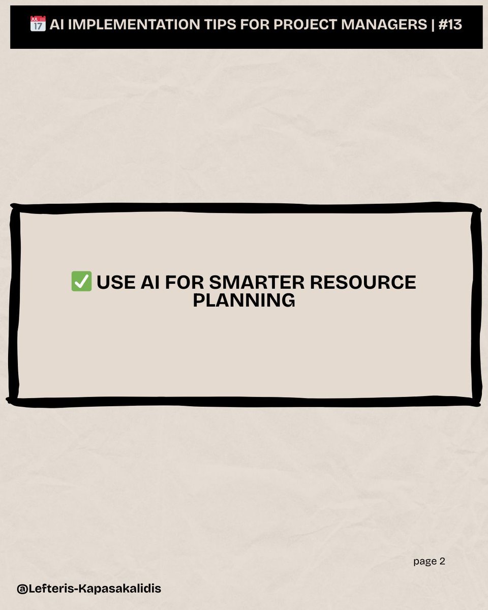 ekap0's tweet photo. โ
Use AI for smarter resource planning
Keeping workloads balanced is one of the toughest parts of project management. AI can help by analyzing your teamโs tasks, deadlines, and availability, then suggesting fairer distributions.
#ProjectManagement #AIForPMs #ResourcePlanning https://t.co/vKpOjGJXnN