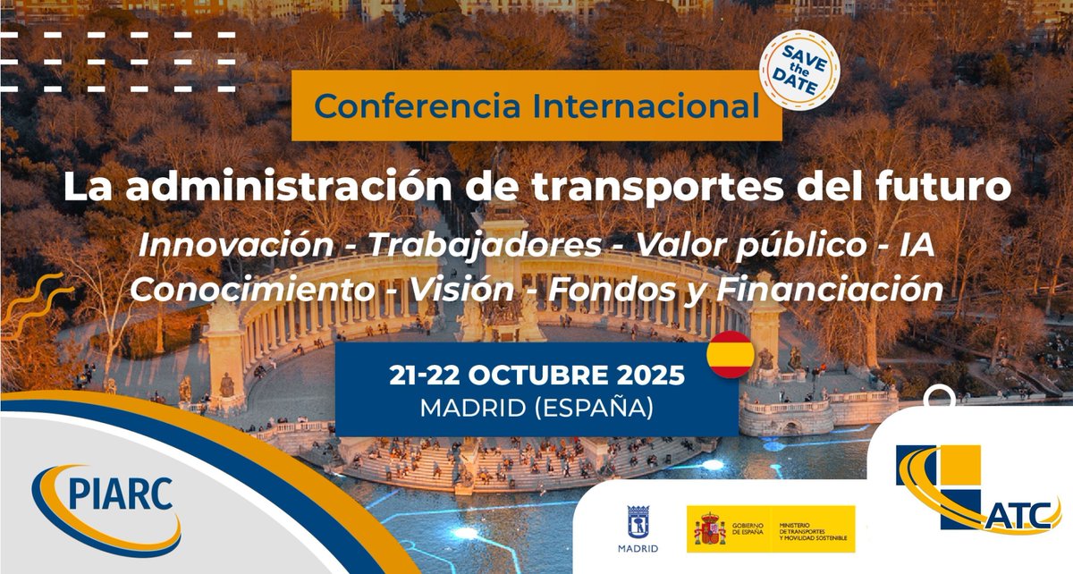 ATC_PIARC's tweet image. Conf. Internacional &quot;Administraciones de Transporte (carretera y movilidad ) del futuro&quot;

Las Admin. de Carreteras enfrentan desafíos crecientes por tendencias complejas y factores externos. ¡Participa! 

📅 21/22 de octubre 
📍  Colegio ICCP Madrid

acortar.link/R3NfvF
