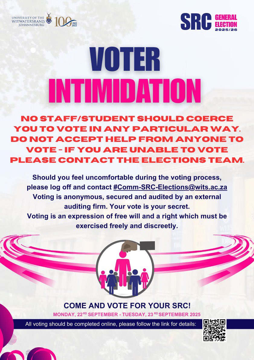 witsSGU's tweet photo. Witsies!βοΈ
Voting Polls for the 2025/26 SRC General Election are officially OPEN!π₯³
Voting is an expression of free will and a right which must be exercised freely and discreetly.
Report ALL coercion to the elections team.
Vote Hereπ³οΈ:
https://t.co/vEgO5NUuJ1
#WitsElection https://t.co/Qyt1T1FJHF
