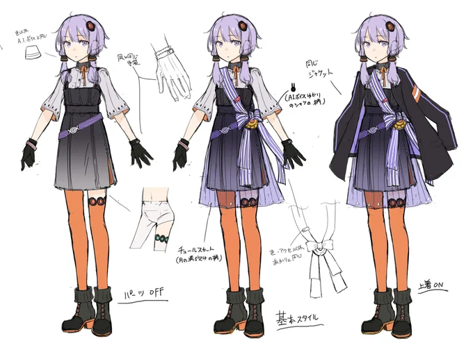 公開許可いただきましたので、「2 結月ゆかり・紲星あかり」キャラクター設定ラフです。 最初、カラーはオレンジ案もありました>