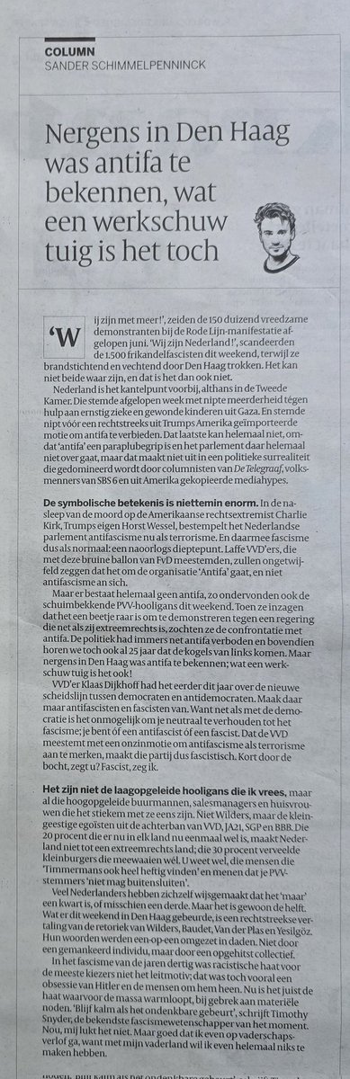 "Dat de VVD meestemt met een onzinmotie om antifascisme als terrorisme aan te merken, maakt die partij dus fascistisch. Kort door de bocht, zegt u? Fascist, zeg ik."

Uitstekende column van Sander Schimmelpenninck die zegt waar het op staat. 
#Yeşilgöz #Antifa #fascisme <a href="/VVD/">VVD</a>