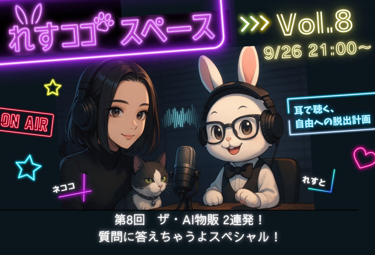 rest_8888's tweet photo. 【第八回れすココ！スペース✨】

 9/26（金）21:00~  ON AIR🎙️

今回は...

【ザ・AI物販 2連発!!質問に答えちゃうよスペシャル!!】

前回AI物販について色々お話しましたが、
かなりの反響をいただきました！！

やはり、、、
みなさんAI物販気になってますね🔥

今回はAI物販のプロである我々2人が、
AI物販に関する質問コーナーを行います！

質問は事前にマシュマロで募集しますので、
皆さんお気軽に質問投げてくださいね！

マシュマロはリプ欄から↓