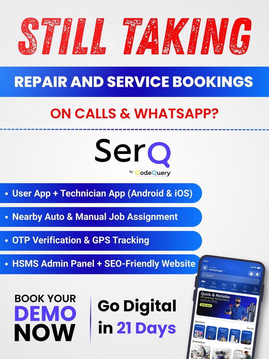 Codequery_'s tweet image. 📲 Still taking service bookings on calls &amp;amp; WhatsApp?
Go digital with SerQ by CodeQuery – apps, GPS tracking, job assignment &amp;amp; more
🚀 Transform your service business in 21 days
👉 Book your demo today!
📩Email: Contact@codequery.in
☎️Contact: +91- 9771790558

#codequery #serq