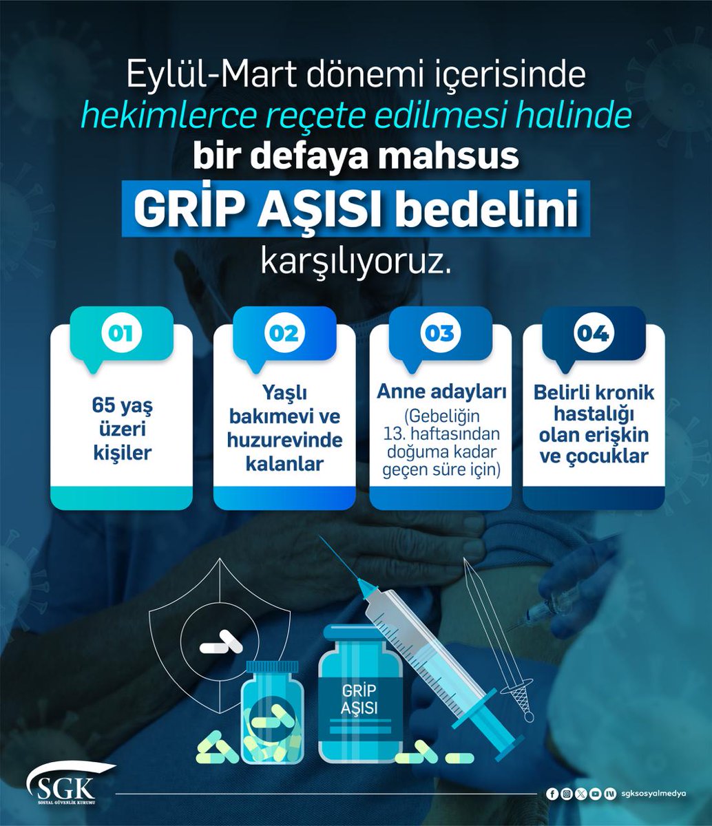 Eylül-Mart dönemi içerisinde hekimlerce reçete edilmesi halinde bir defaya mahsus grip aşısı bedelini karşılıyoruz.
