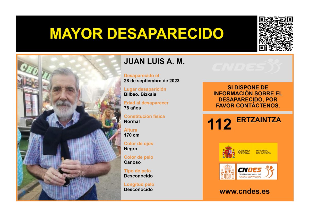2 AÑOS SIN RASTRO DE JUAN LUIS A. M.

Juan Luis, 78 años, está #desaparecido desde el día 28 de septiembre de 2023 en #Bilbao 

Hoy más cerca que nunca de toda su familia

#NoLeOlvidamos
#TodoYTodosPorEncontrarlo