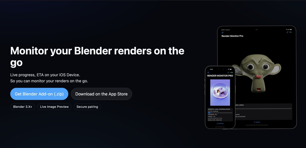 AtharvChoughule's tweet image. Just launched Render Monitor  a Blender addon + iOS app that lets you monitor your renders remotely.
Live status updates
Frame previews 
App: apps.apple.com/us/app/render-…
Addon: rendermonitor.org
#Blender #Blender3D #RenderEngine #CGI #3DArt #IndieDev #iOSApp