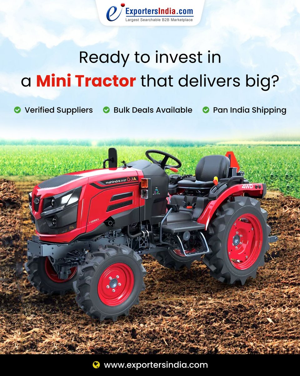ExportersIndia's tweet image. 🚜💨 Ready to invest in a Mini Tractor that delivers BIG? 💨🚜

🌟 Verified Suppliers
🌟 Bulk Deals Available
🌟 Pan India Shipping

Click here to connect instantly ⬇️
👉 exportersindia.com/indian-supplie… 

#MiniTractorDeals #FarmTech #ExportersIndia #AgricultureMachinery #FarmingSolutions
