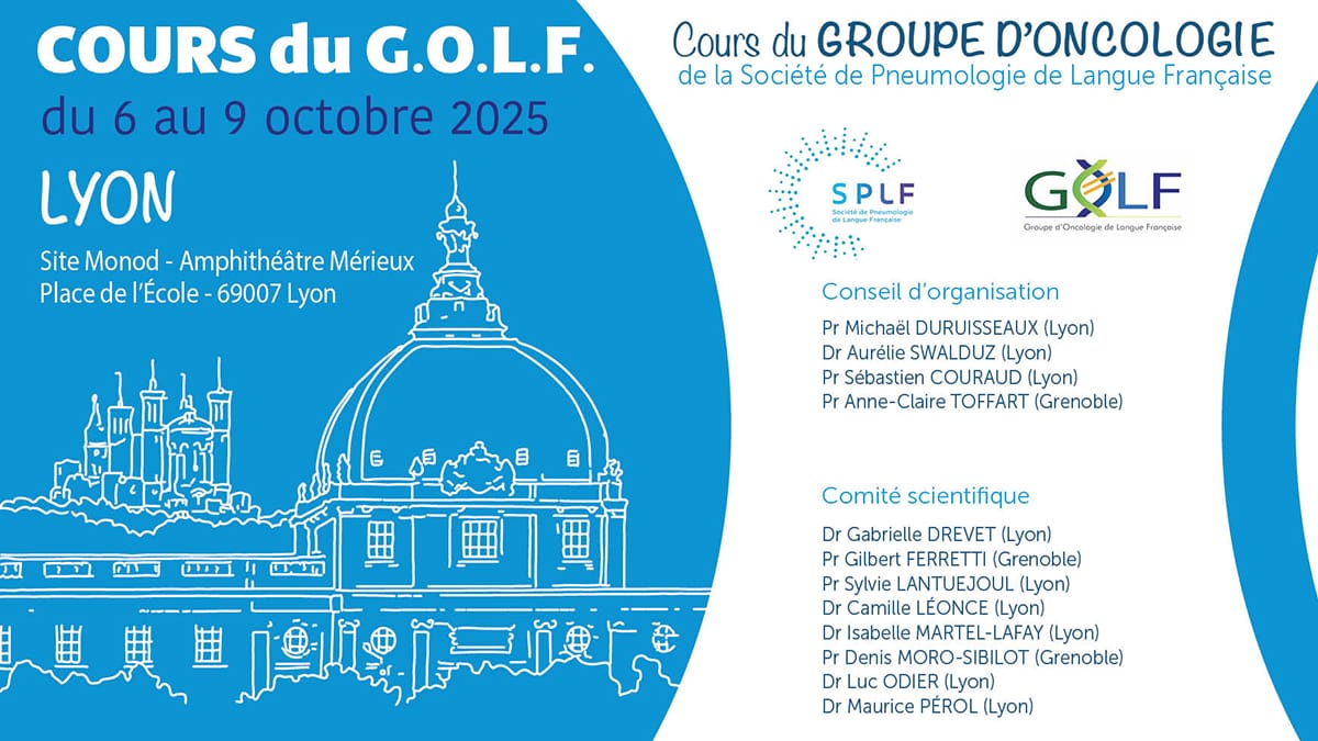 SPLF_SocPneumo's tweet image. RAPPEL : Les cours du GOLF, Groupe d&apos;Oncologie de Langue Française auront lieu du 6 au 9 octobre 2025 à Lyon
Nous vous attendons nombreux
Programme et inscription : splf.fr/cours-du-golf/
#cancer #poumon #oncologie #thoracique #immunotherapie