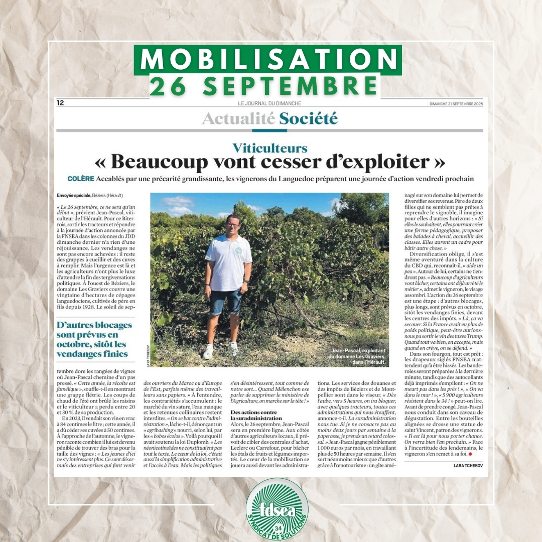 📰[𝐀𝐂𝐓𝐔]‼️𝐌𝐎𝐁𝐈𝐋𝐈𝐒𝐀𝐓𝐈𝐎𝐍 – 𝟐𝟔 𝐒𝐄𝐏𝐓𝐄𝐌𝐁𝐑𝐄 ‼️ Dans le <a href="/leJDD/">Le JDD</a> , Jean-pascal Pelagatti (FDSEA 34) alerte :
👉 « Beaucoup vont cesser d’exploiter »
👉 « Accablés par la précarité »
Retrouvez l'article 📰urlr.me/J8fdk2