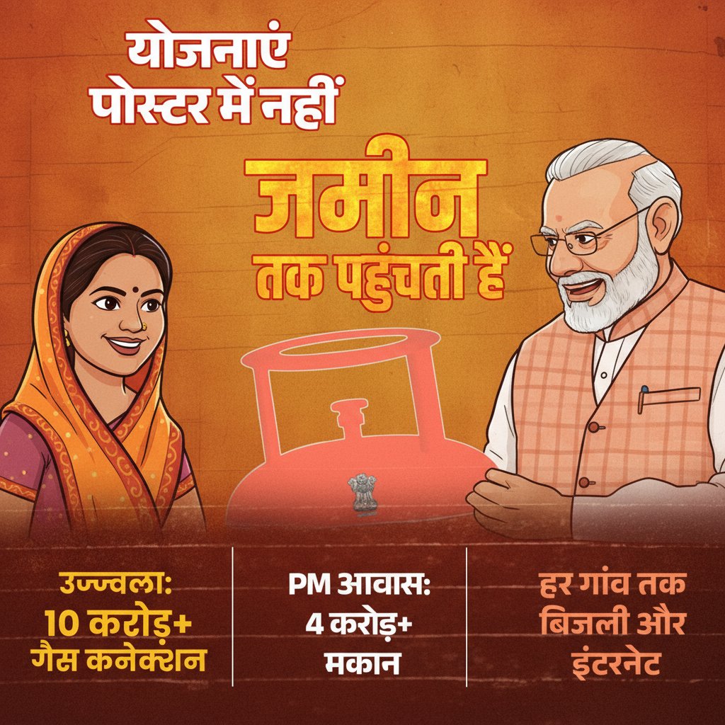 AmritaRathodBJP's tweet image. एनडीए सरकार की योजनाएँ केवल पोस्टरों तक सीमित नहीं, बल्कि ज़मीन तक पहुँची हैं। उज्ज्वला योजना से 10 करोड़+ गैस कनेक्शन, प्रधानमंत्री आवास योजना से 4 करोड़+ घर और हर गाँव तक बिजली व इंटरनेट की सुविधा इसका जीवंत प्रमाण है।

#NDAGovernment #DevelopmentForAll #EmpoweredIndia…