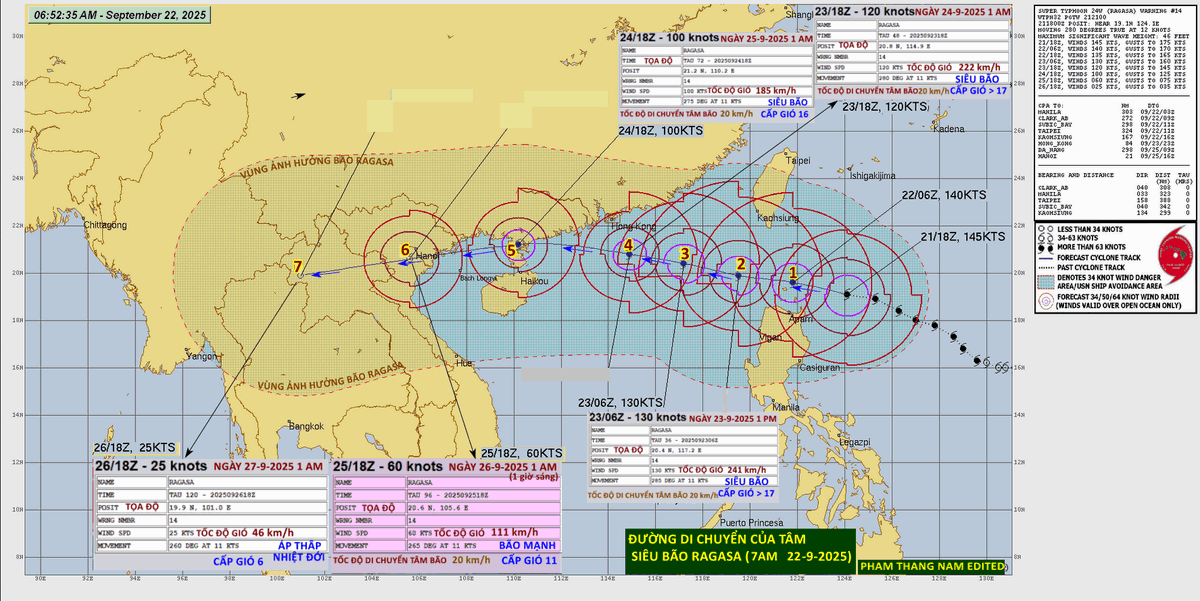 The path of the eye of super typhoon "RAGASA". The eye of the typhoon is predicted to make landfall in the northern coast of Vietnam  at around 11-12 a.m. on Sept.25, 2025 with wind speeds of 111 to 185 km/h.
