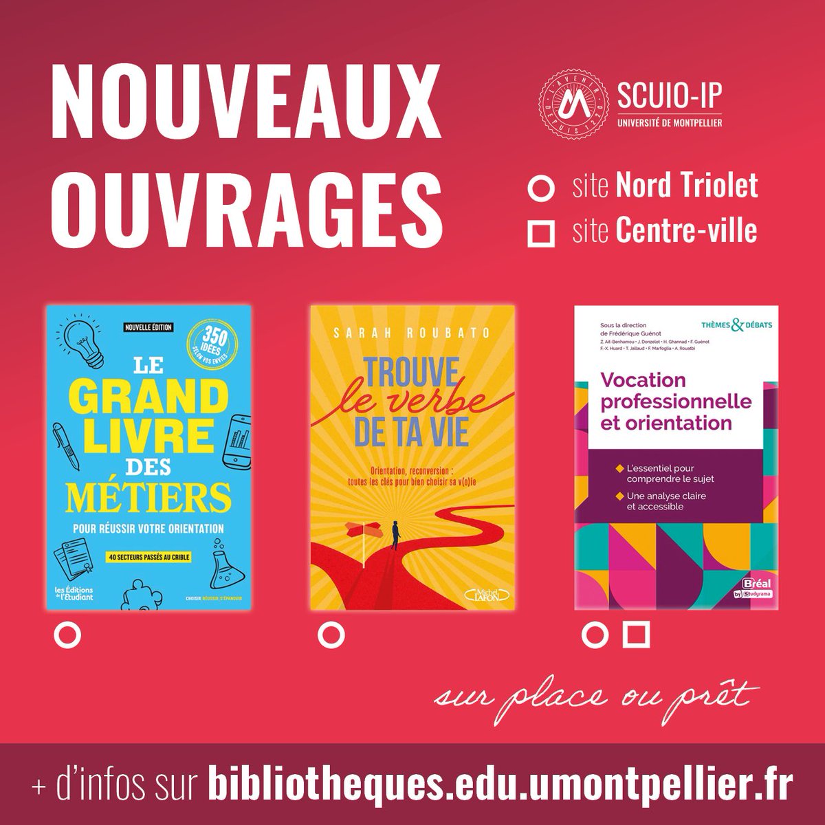 SCUIO-IP Université de Montpellier (@scuioip_um) on Twitter photo 🔎 Retrouvez tous les 15 jours une sélection de 3 livres disponibles au SCUIO-IP
📚 Le grand livre des métiers
📚 Trouve le verbe de ta vie : orientation, reconversion
📚 Vocation professionnelle et orientation
Des suggestions ? Proposez vos idées en commentaires 🔎 Retrouvez tous les 15 jours une sélection de 3 livres disponibles au SCUIO-IP
📚 Le grand livre des métiers
📚 Trouve le verbe de ta vie : orientation, reconversion
📚 Vocation professionnelle et orientation
Des suggestions ? Proposez vos idées en commentaires