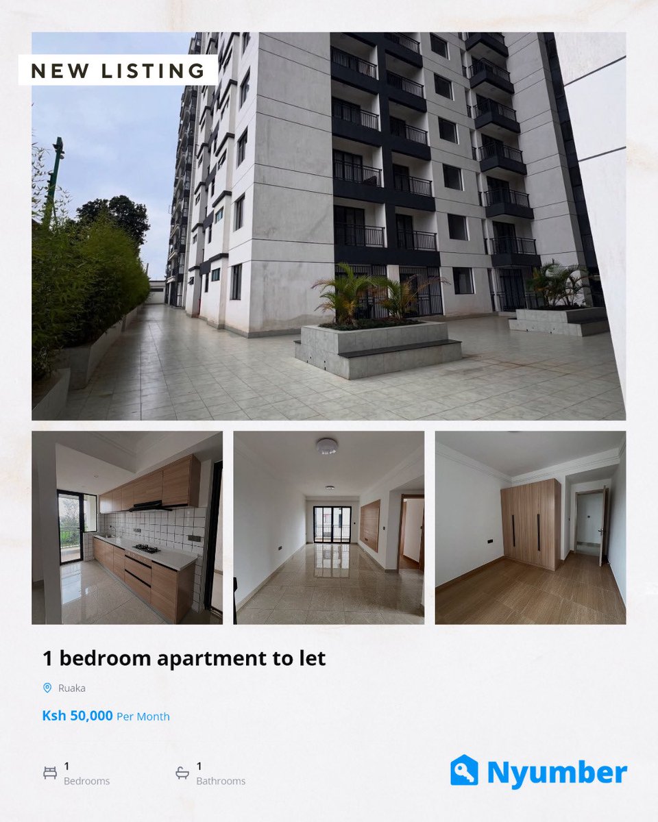 nyumber_'s tweet photo. Looking for a modern home in Ruaka? 🌿
Check out this new 1-bedroom apartment:
✔️ Pool & gym access
✔️ Borehole + generator
✔️ Fitted kitchen
✔️ 1st-floor unit

💰 Rent: 50K/month (1 month deposit)

Find full details + more apartments on our website https://t.co/SAmxCOsguH

#nyumber #NairobiApartments #RuakaLiving #KenyaRealEstate #HouseHuntingKenya #RuakaHomes
