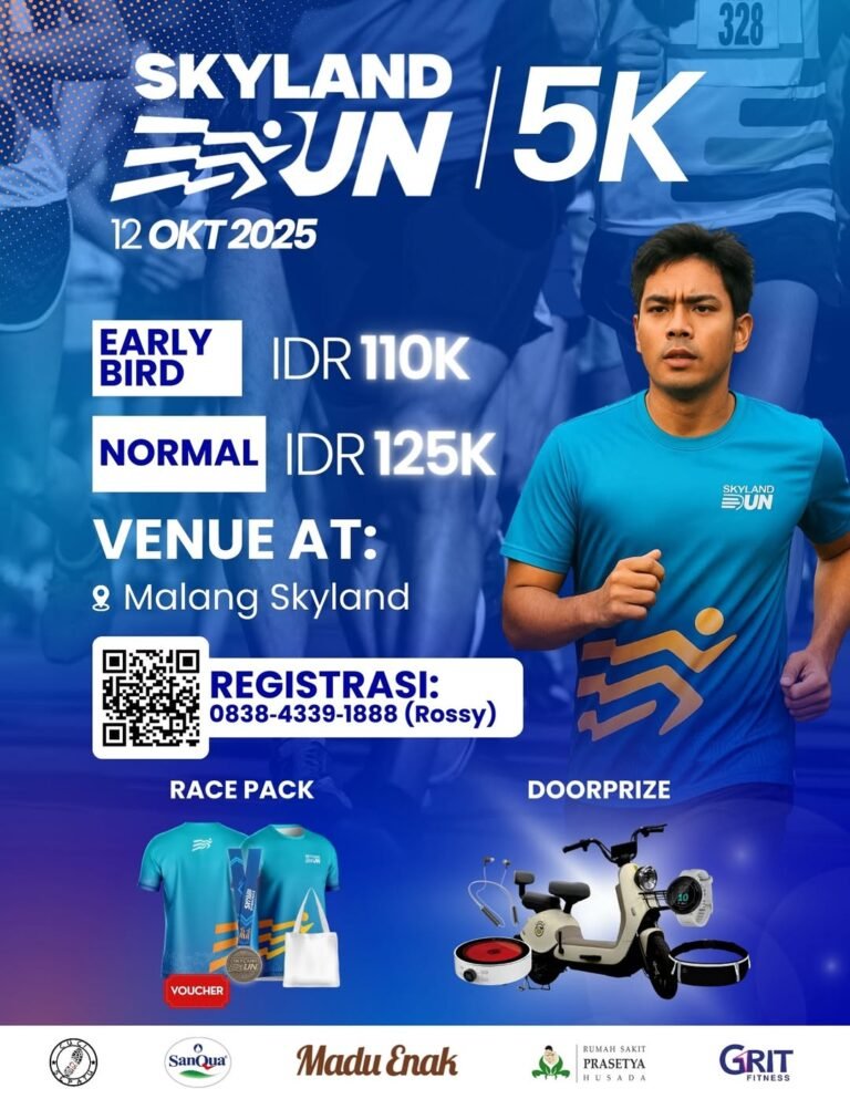 👟Skyland Run 2025
🗓️Minggu, 12 Oktober 2025
🏃‍♂️5K
🏠Malang Skyland, Leban Tawang Argo, Karangploso, Malang, Jawa Timur   

#JadwalLari #KalenderLari #InfoLari #EventLariMalang #SkylandRun2025
