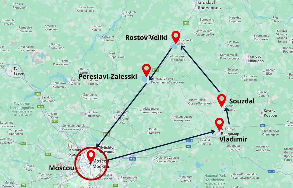 Voici le trajet que nos voyageurs sont en train de parcourir autour de l'Anneau d'Or. 

L'Anneau d'Or regroupe 12 villes principales. 

Pour ce voyage, nous avons décidé de se focaliser sur 4 villes : 
- Vladimir
- Souzdal
- Rostov Veliki
- Pereslavl-Zalesski